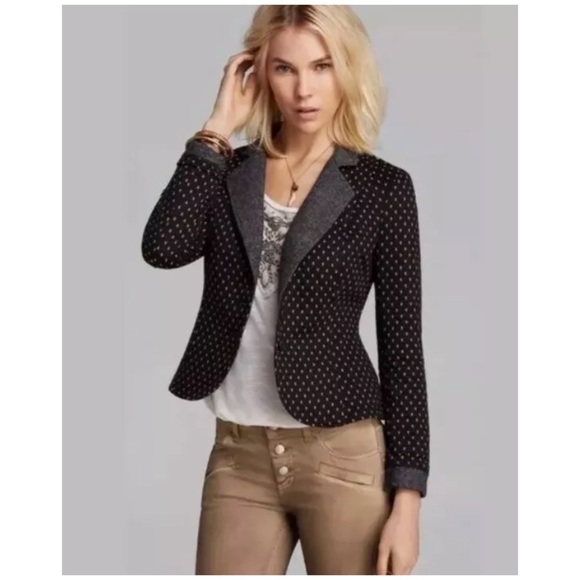 FREE PEOPLE Diamond Knit Blazer Tweed Trim Black
